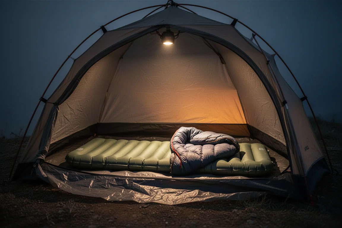 Inflated rectangular sleeping pad laid out inside a small single-wall tent at night