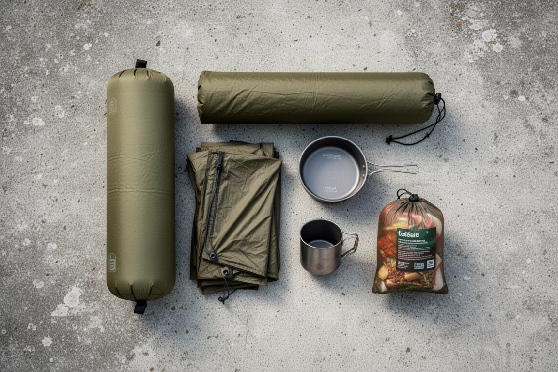 Overhead flat-lay of backpacking gear arranged on weathered concrete