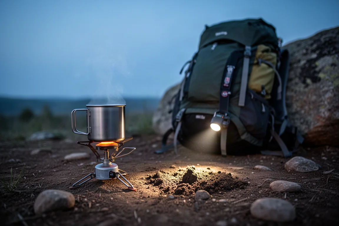 Camp stove and steaming mug at a campsite during blue hour