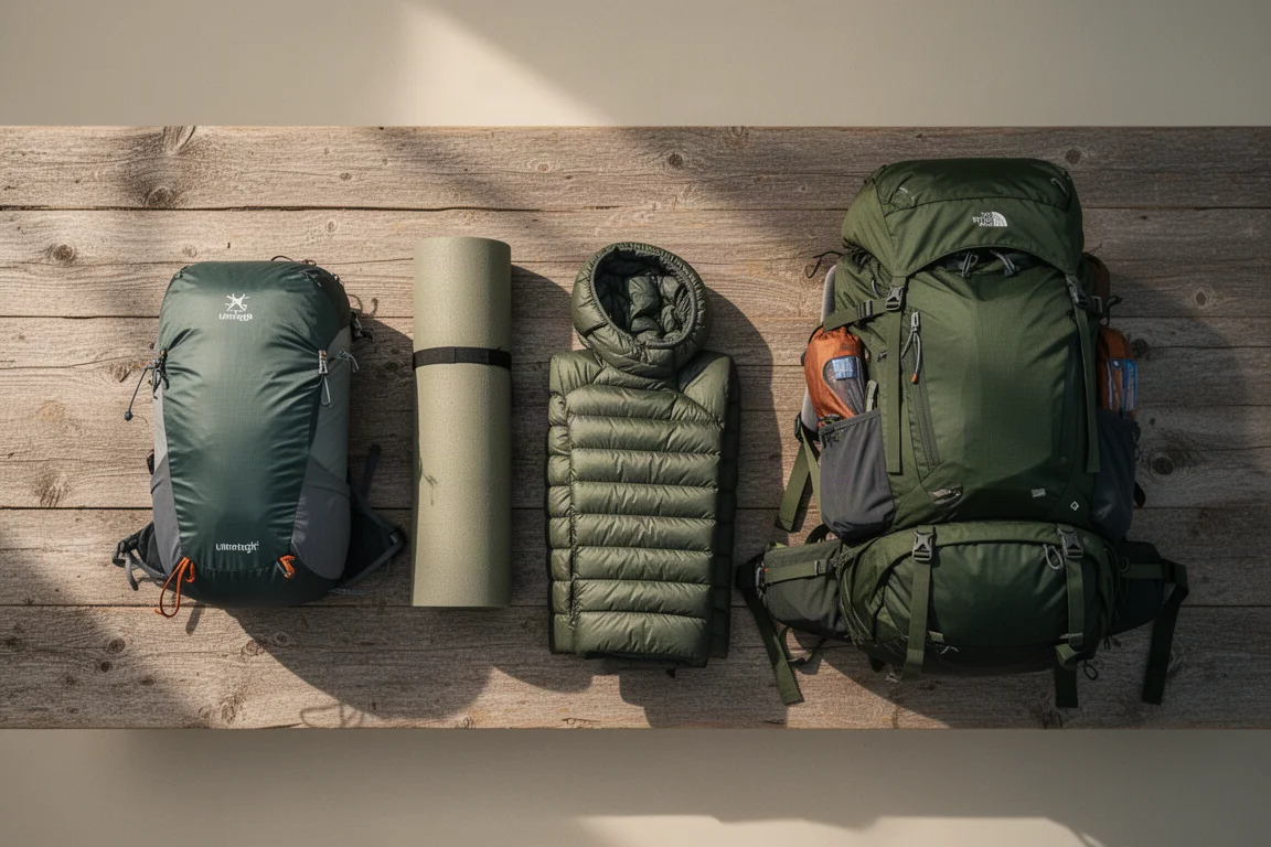 Dwa oddzielne stosy sprzętu backpackingowego rozłożone na zwietrzałej drewnianej powierzchni