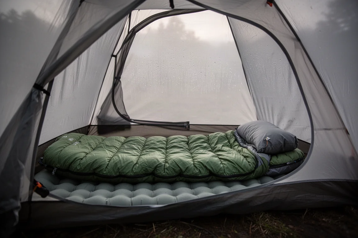 Śpiwór w stylu quilt rozłożony wewnątrz niskiego namiotu o świcie