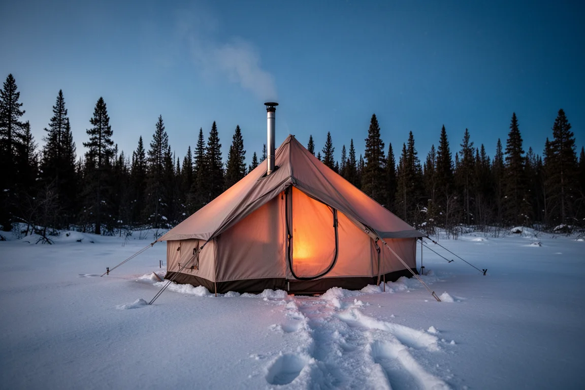 Snöskovandrare på en packad led genom snötäckt tallskog i skymningen