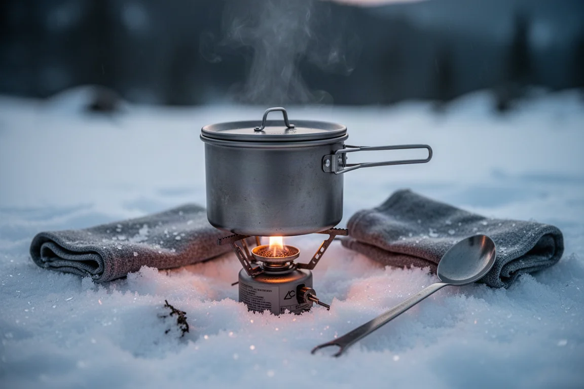 Titanmugg med smältande snö på ett litet kök i en snöig sänka
