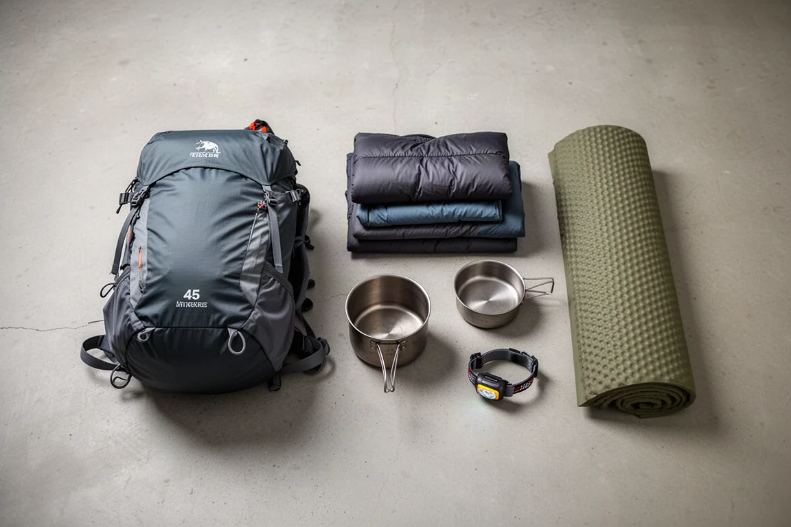 Packad ultralätt ryggsäck och snöskor lutade mot en snödriva i gryningen