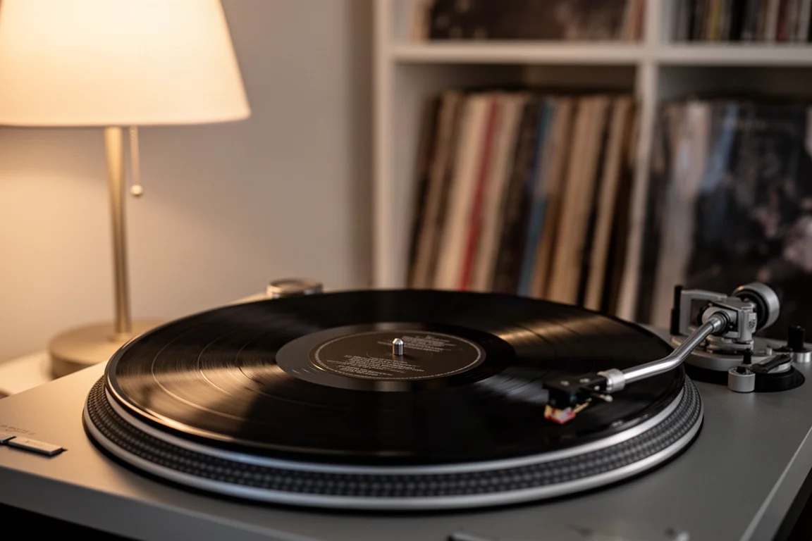 Zwarte vinylplaat op een draaitafel in een zacht verlichte luisterruimte