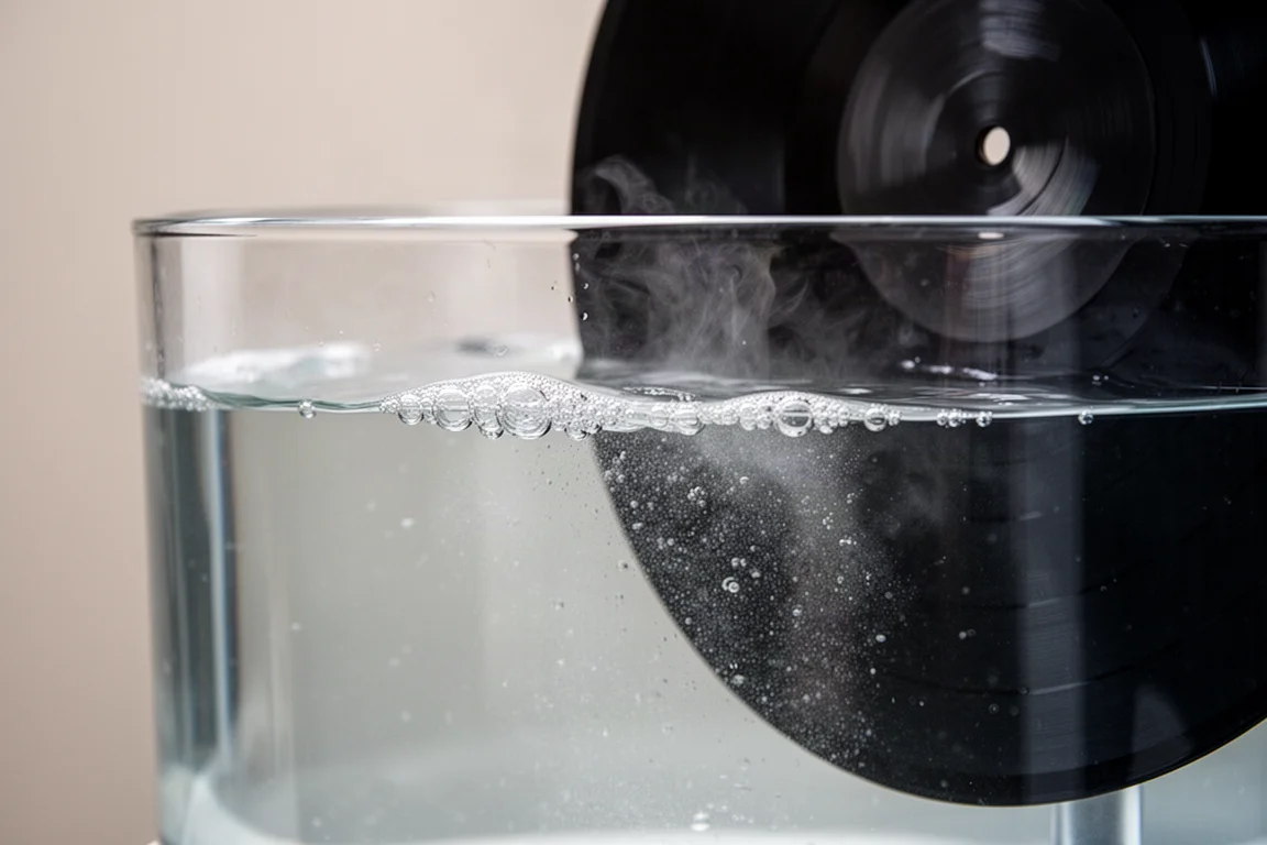 Close-up van belletjes rond een vinylplaat in een ultrasoon reinigingsbad