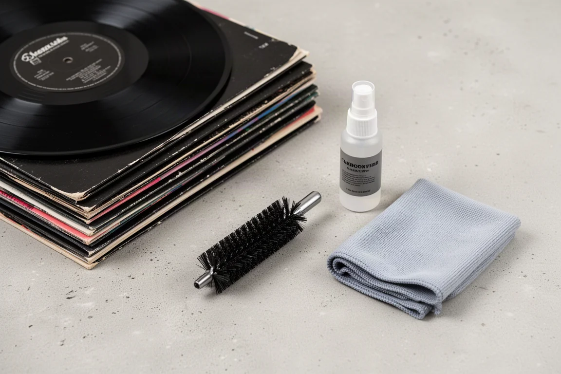 Platliggend beeld van vinylplaten, een koolstofvezelborstel, reinigingsvloeistof en een doek