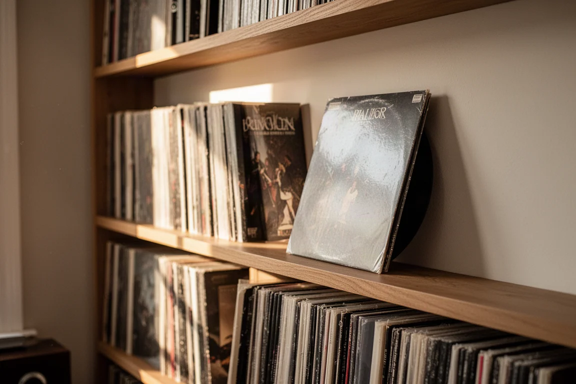Muur vol vinylplaten op houten stellingen in een thuisluisterruimte