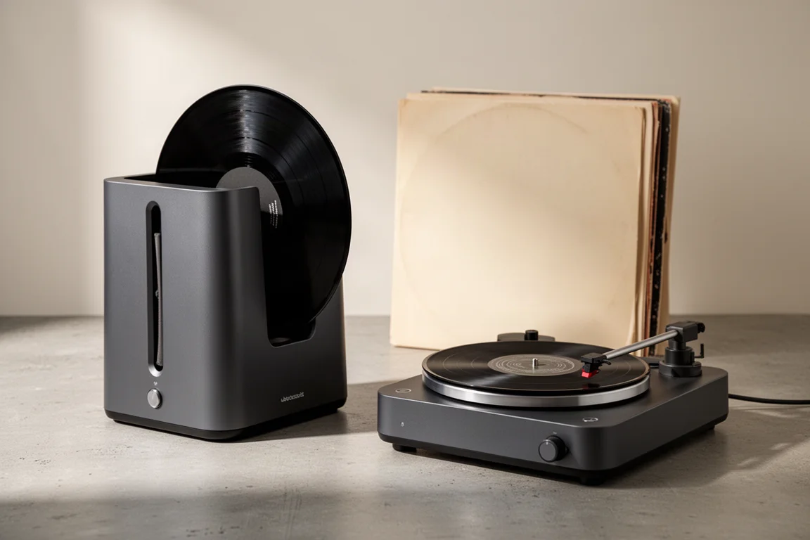 Ultrasonic record cleaning machine beside a vacuum record cleaner on concrete