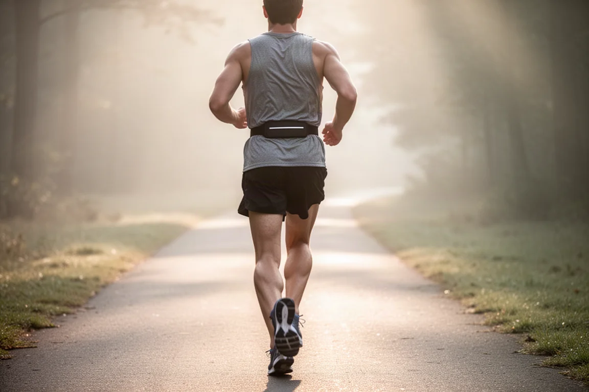 Runner on a paved trail in early morning light carrying gear around the waist