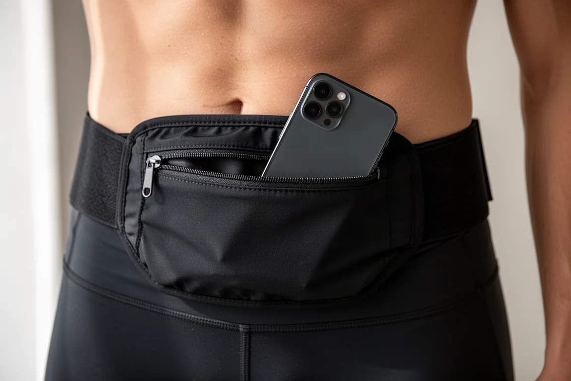 Close-up of a top-down zip pocket on a running belt with a phone being inserted