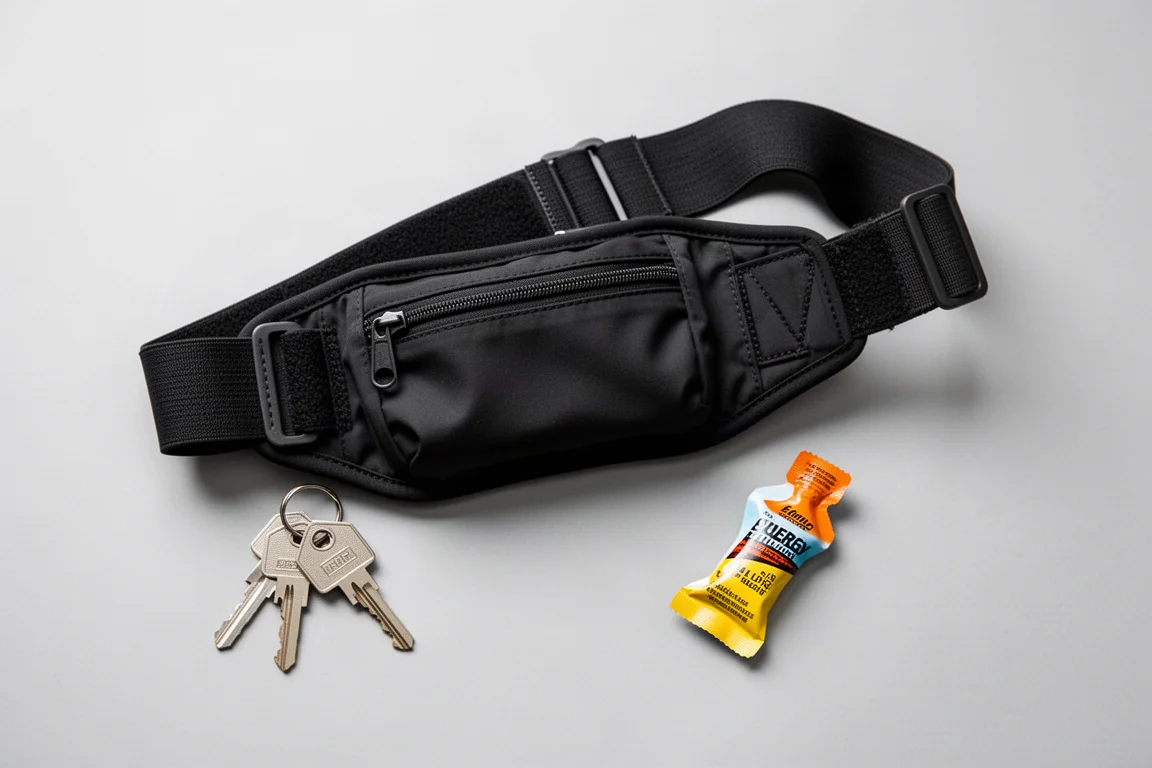 Running belt laid flat showing zip pocket and storage compartments