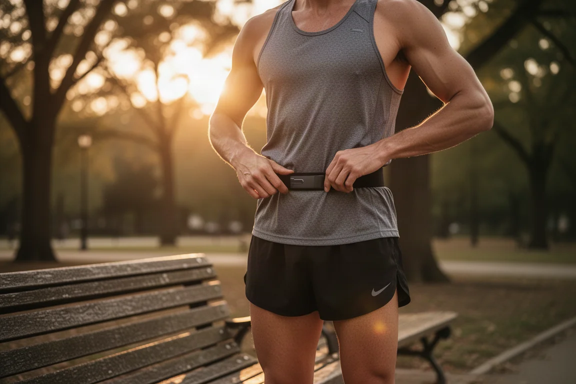 Runner stretching by a park bench at golden hour wearing a waist belt