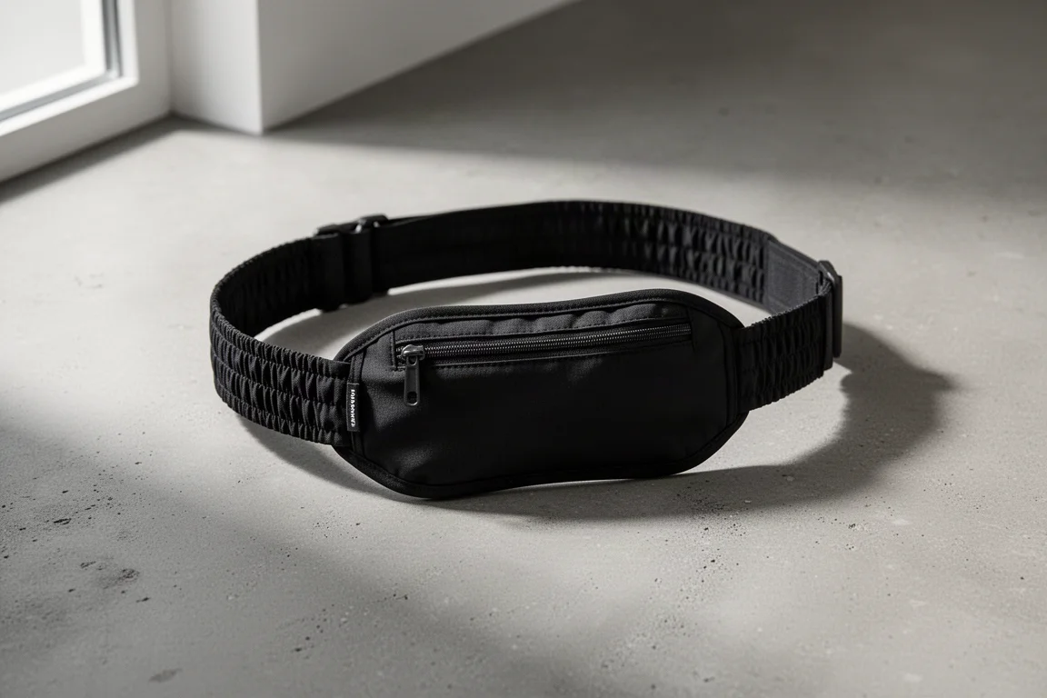 Black running race belt with top-down zip pocket on a concrete surface