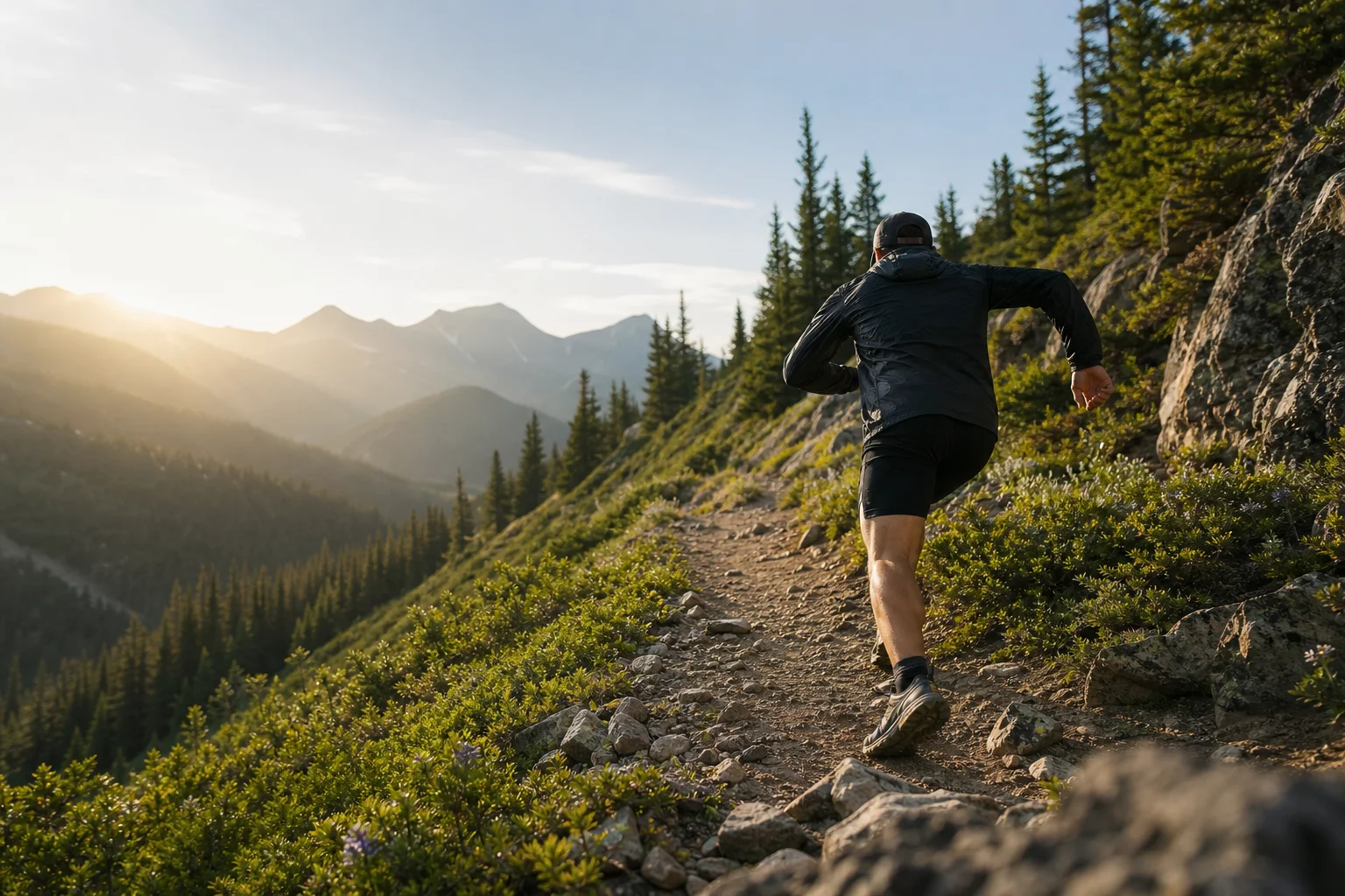 Trail runner in motion on a mountain path during early morning light