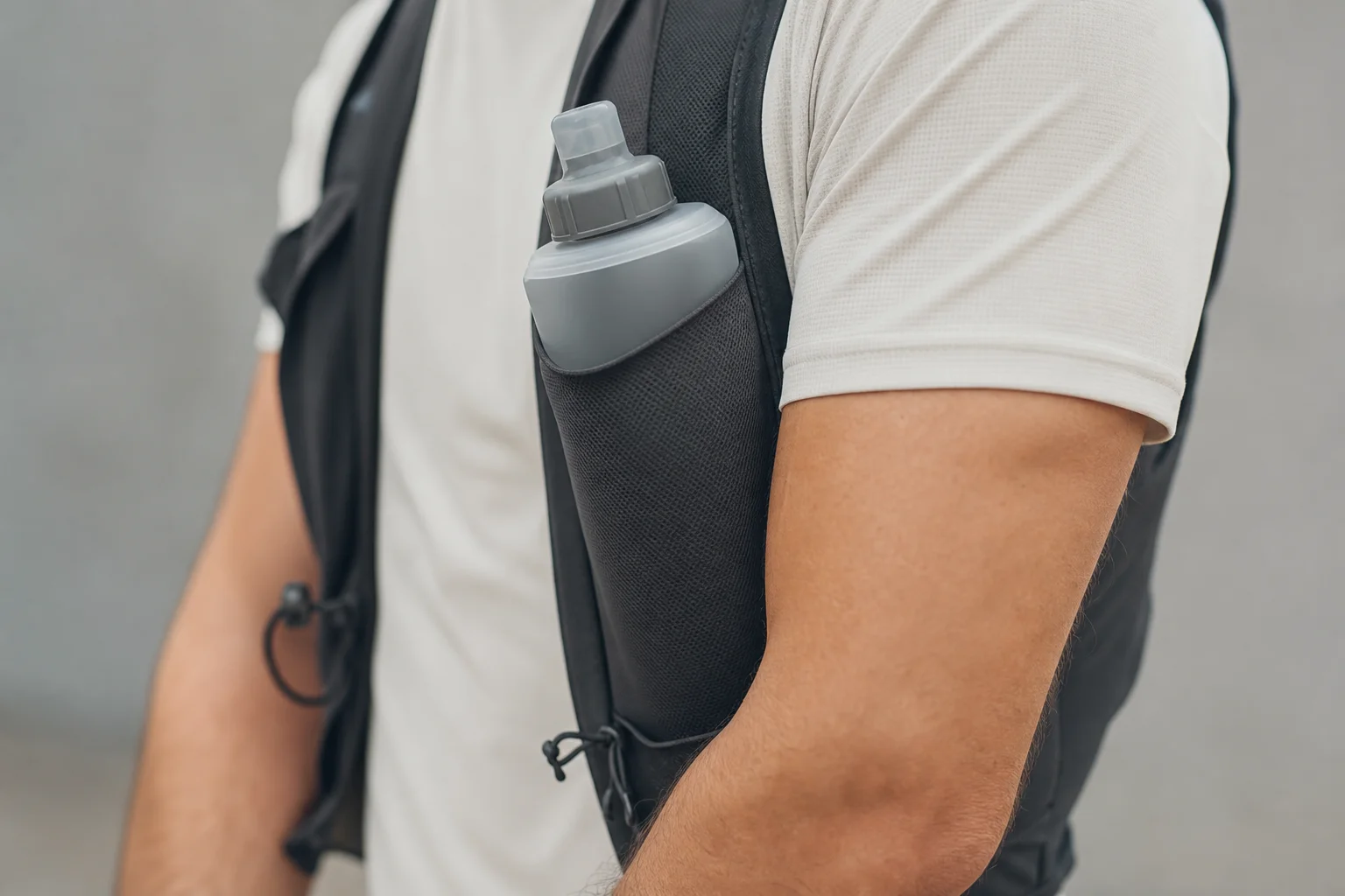 Close-up detail of soft flask tucked into running vest side pocket