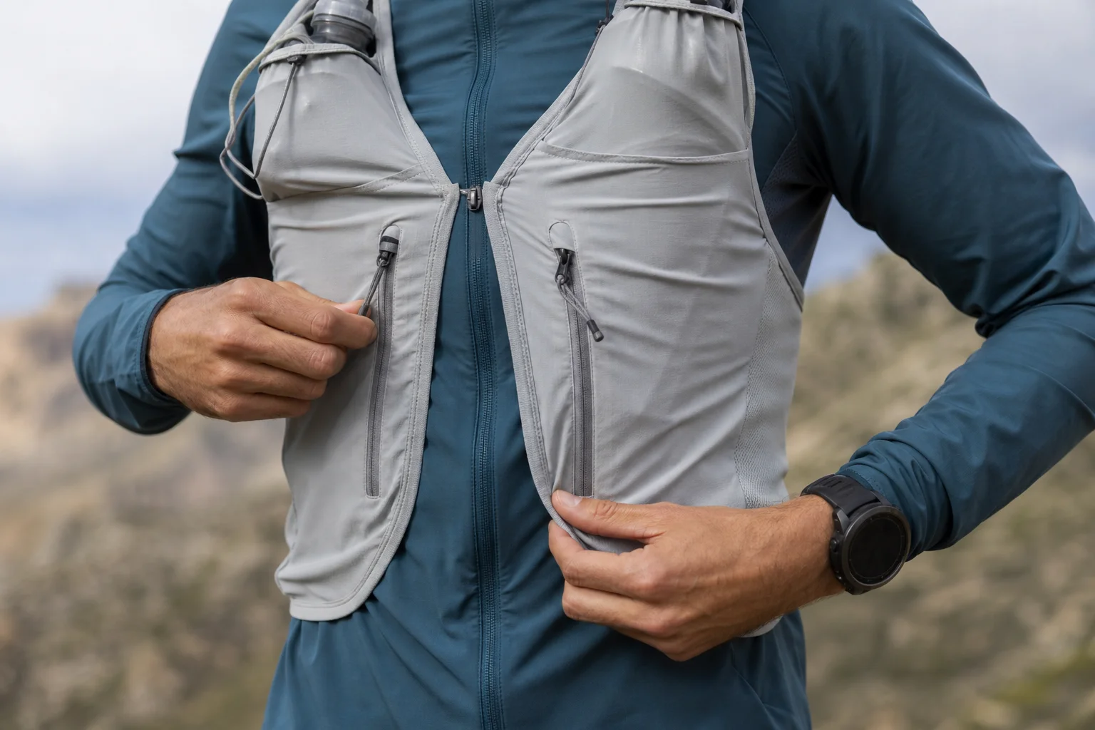 Runner adjusting zipper pocket on running vest during a trail run