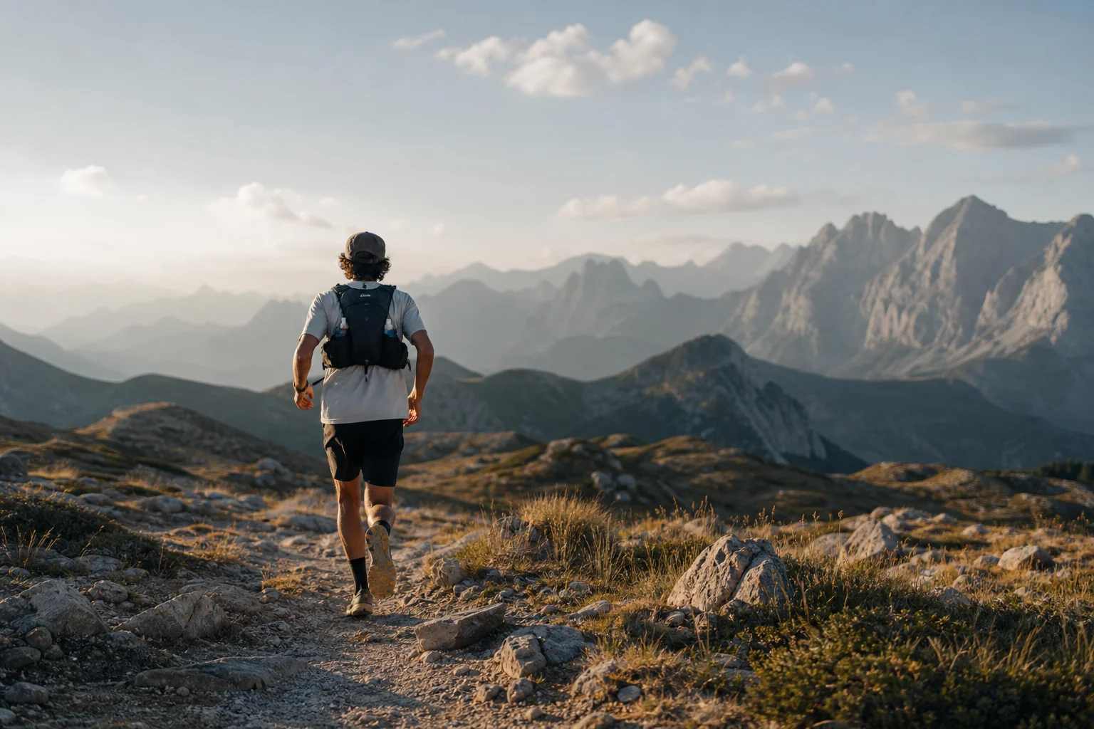 Ultrarunner on a long trail with mountains in soft afternoon light