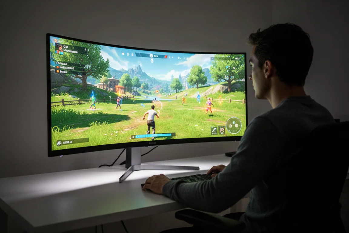 Jugador disfrutando de una escena exterior brillante en un monitor OLED ultrawide en una habitación oscura