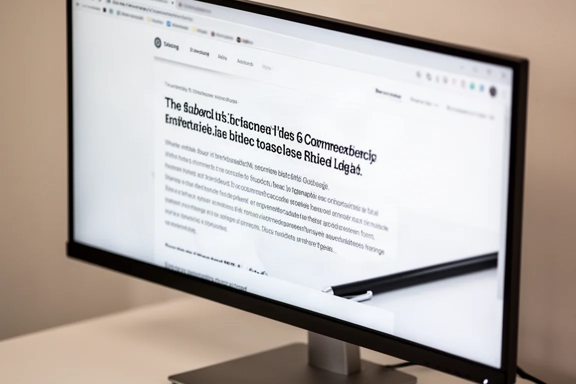 Primer plano de un monitor ultrawide mostrando texto que se desplaza suavemente en una página web