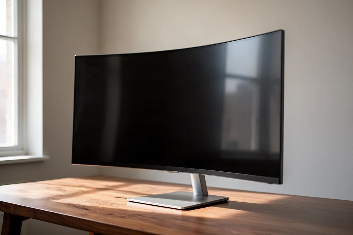 Monitor curvo ultrawide sobre un escritorio con una base de metal plana y pequeña