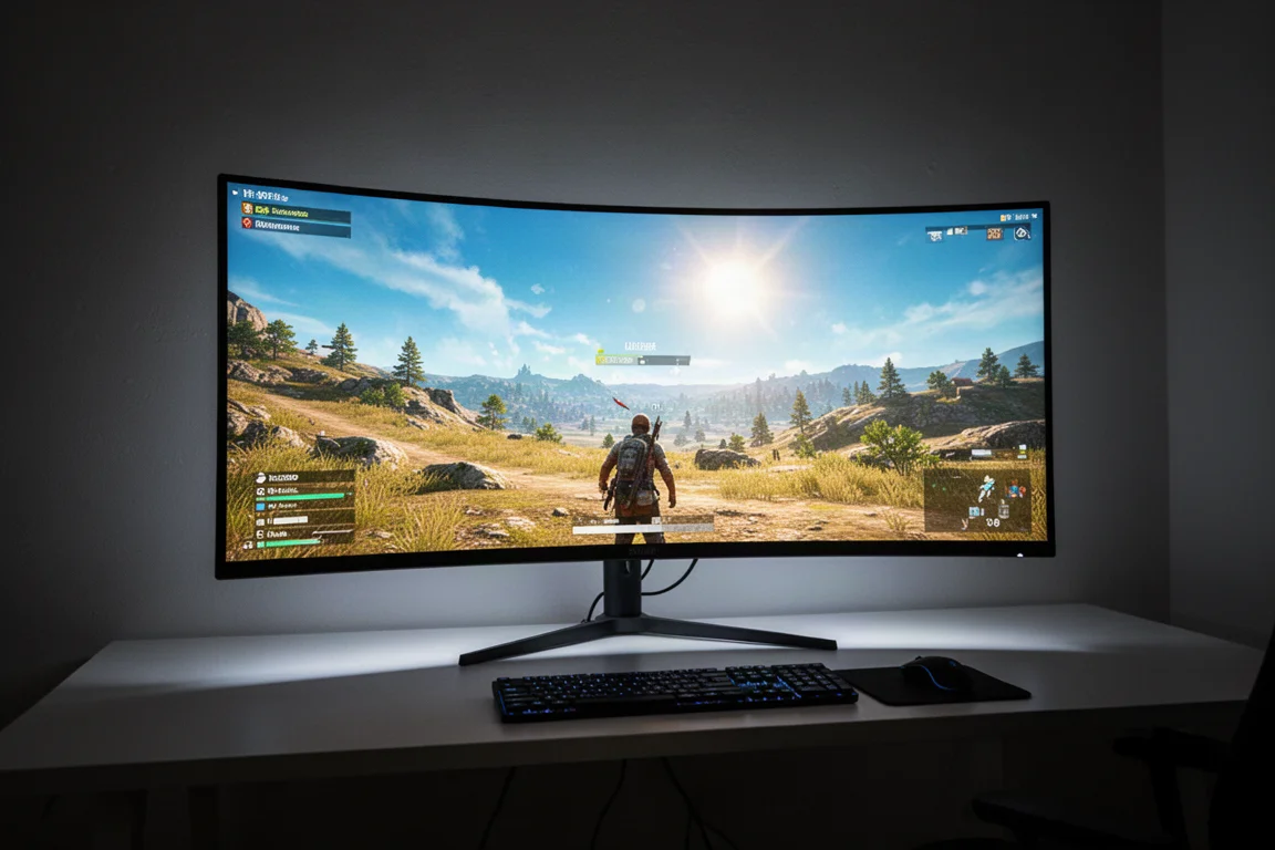 Escena de juego exterior brillante en un monitor ultrawide grande de 39 pulgadas en una habitación oscura