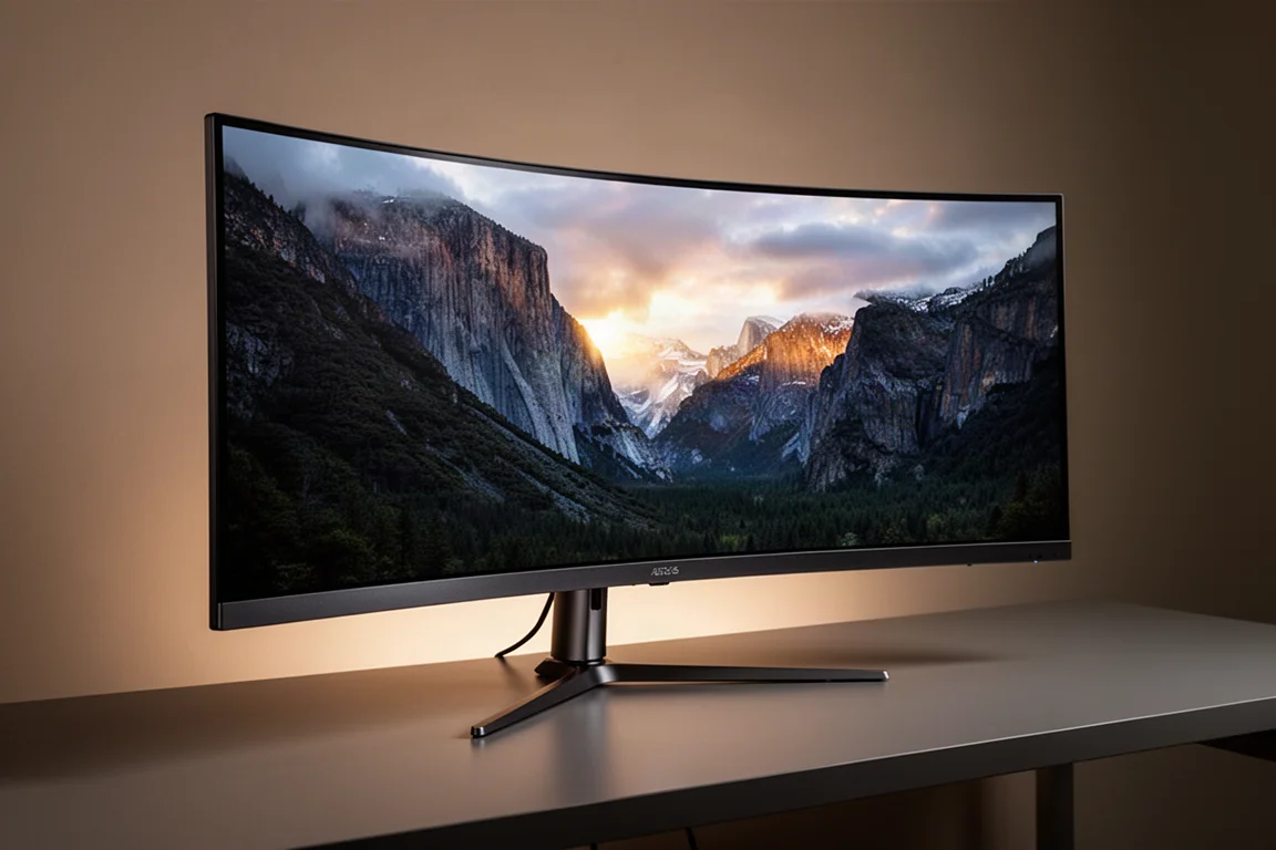 Curved ultrawide gaming monitor displaying a vibrant landscape scene on a desk in a dim room