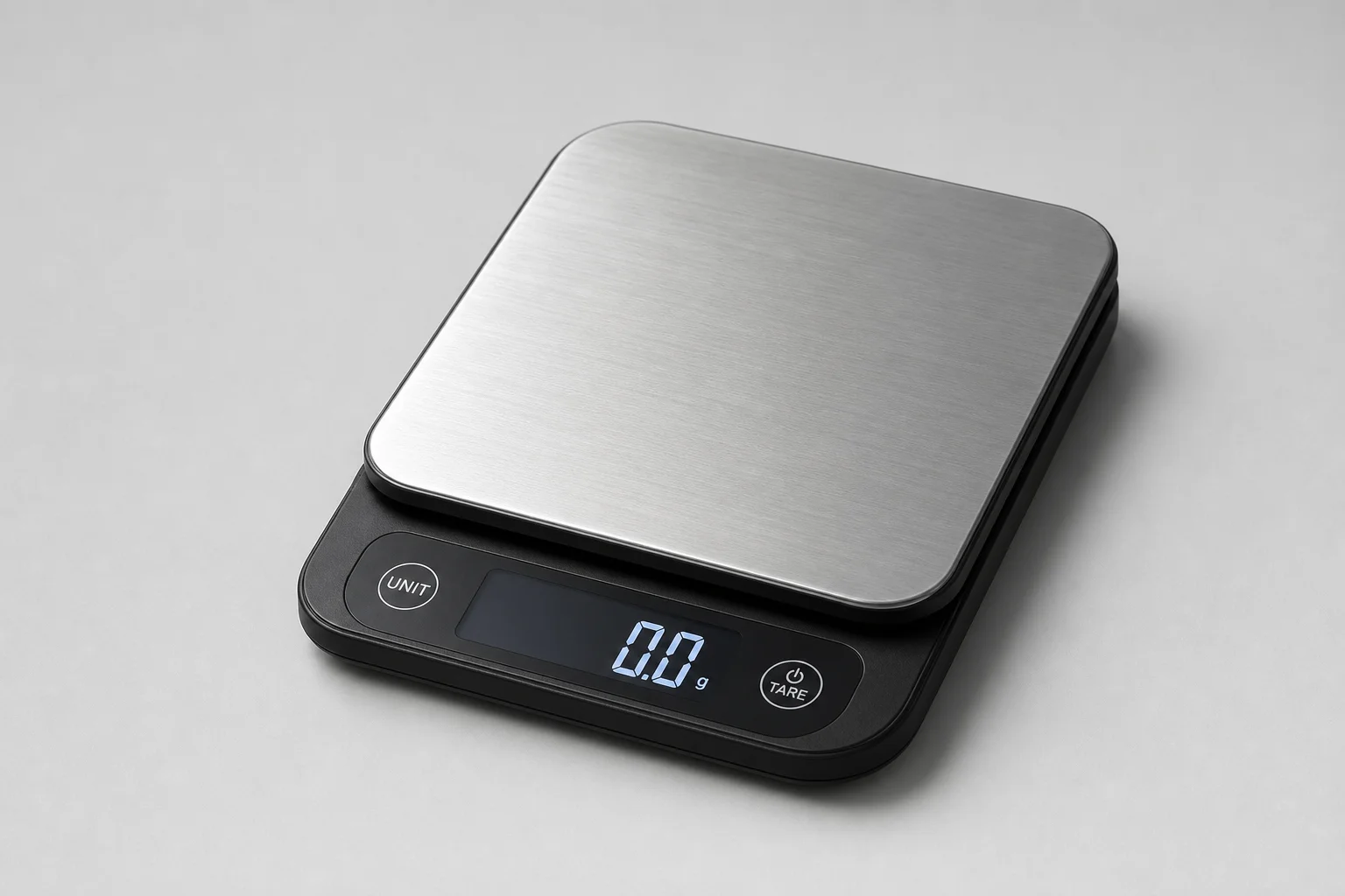 Seven kitchen scales arranged on concrete surface, ranging from budget to premium models