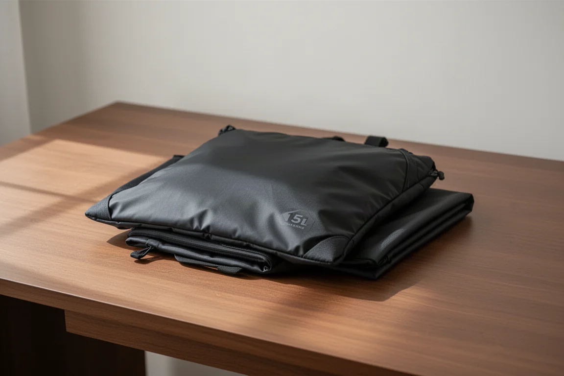 Dünner 15L-Daypack flach gefaltet auf einem Holzschreibtisch