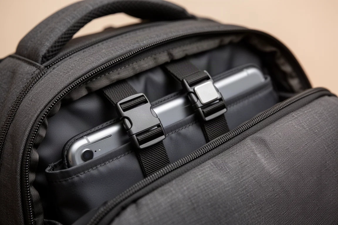 Nahaufnahme einer magnetischen Schnalle, die eine Tech-Organizer-Hülle im Rucksack befestigt