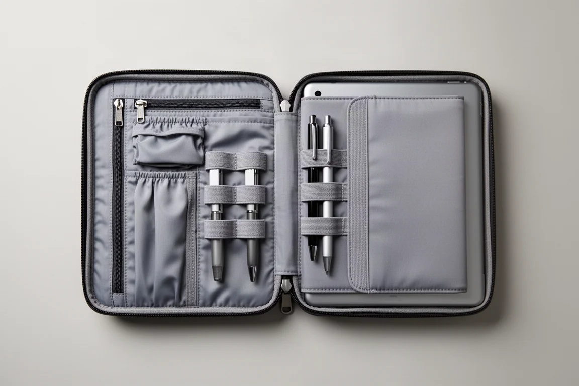 Clamshell-geöffneter Tech-Organizer mit Taschen, Fächern und Stifthaltern flach liegend