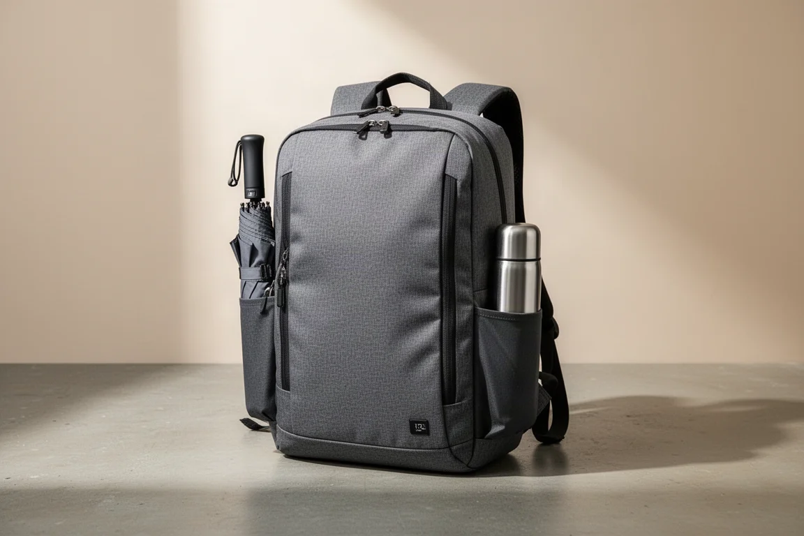 Gepackter 15L-Daypack mit Wasserflasche und Thermoskanne in den Seitentaschen, von hinten gesehen