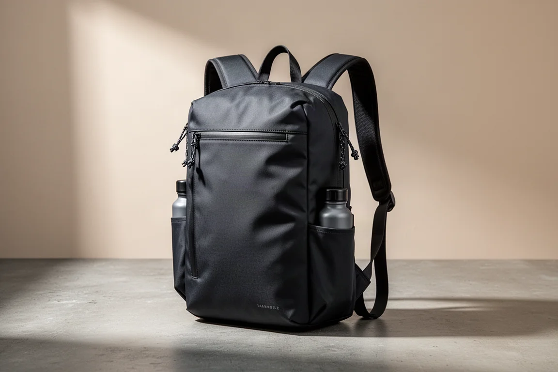 Schlanker dunkler 15L-Reisedaypack auf einer Betonfläche