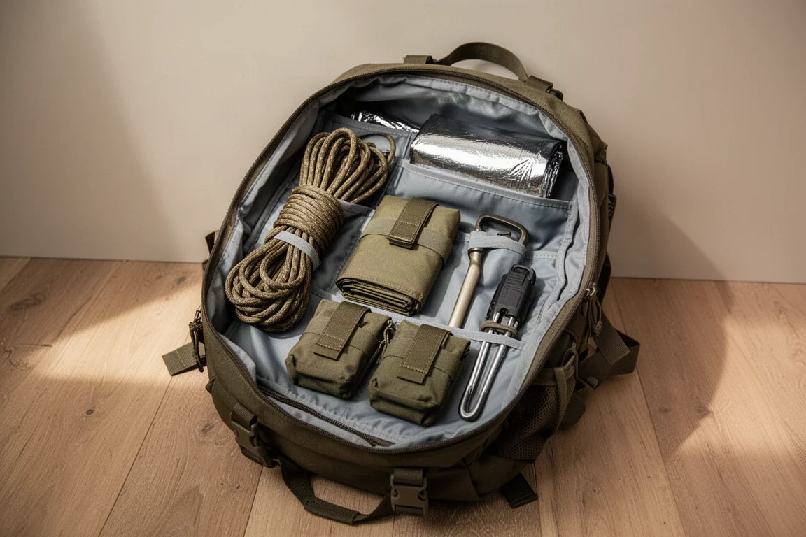 Geordende survivalspullen uitgestald in een open rugzak