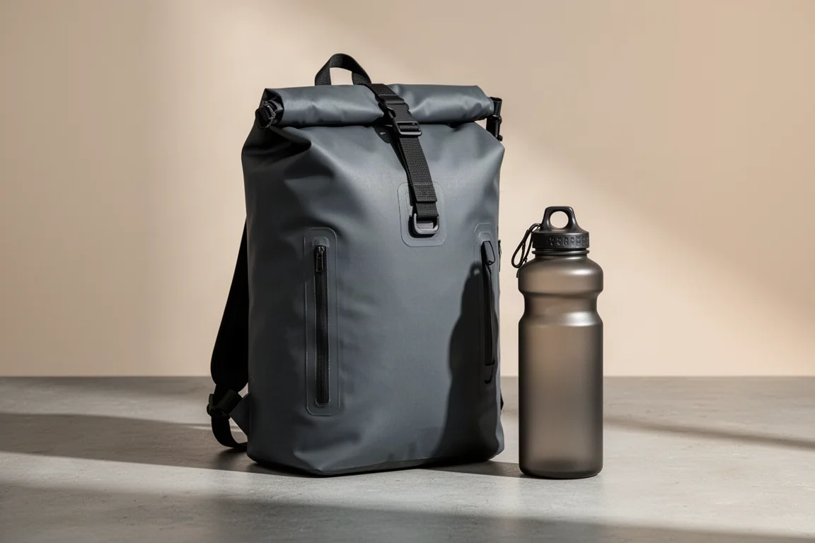 Survival-Kit-Rucksack im Dry-Bag-Stil mit Wasserflasche auf Betonoberfläche