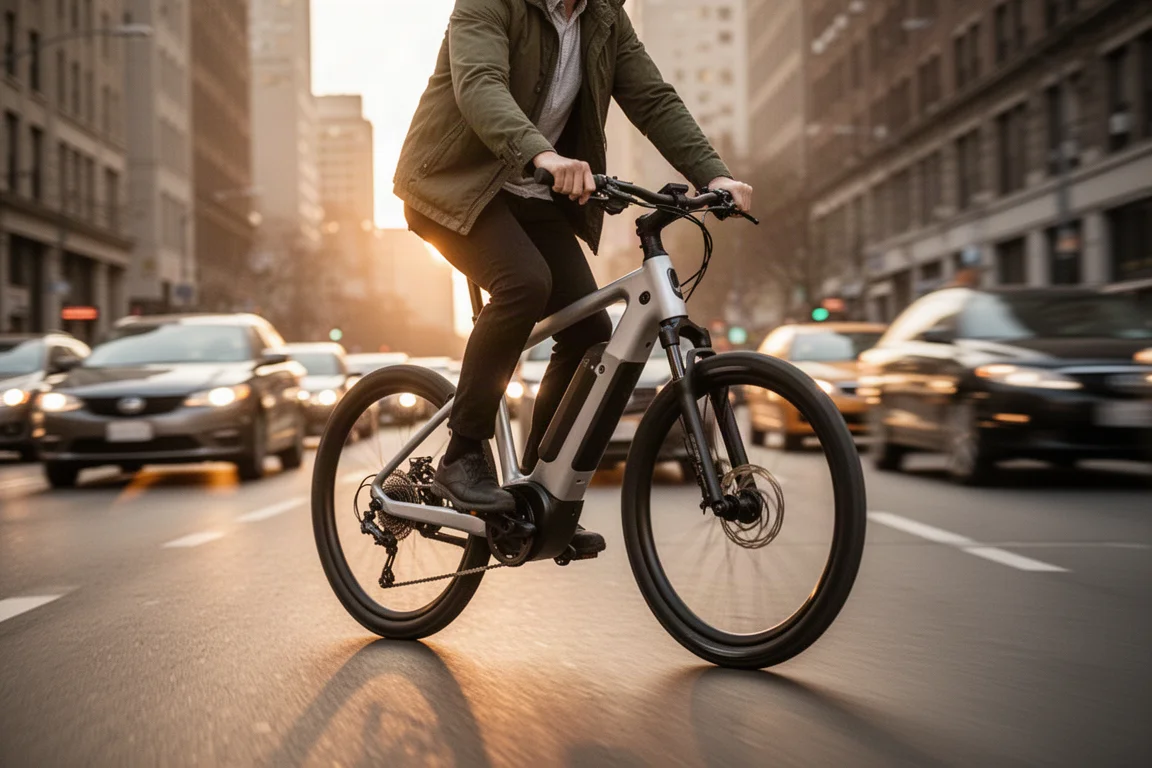 Urban commuter riding an electric bike through city traffic