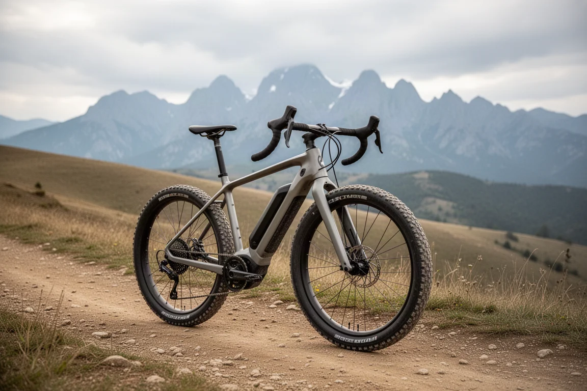 Electric gravel bike on a dirt path with mountains in the distance
