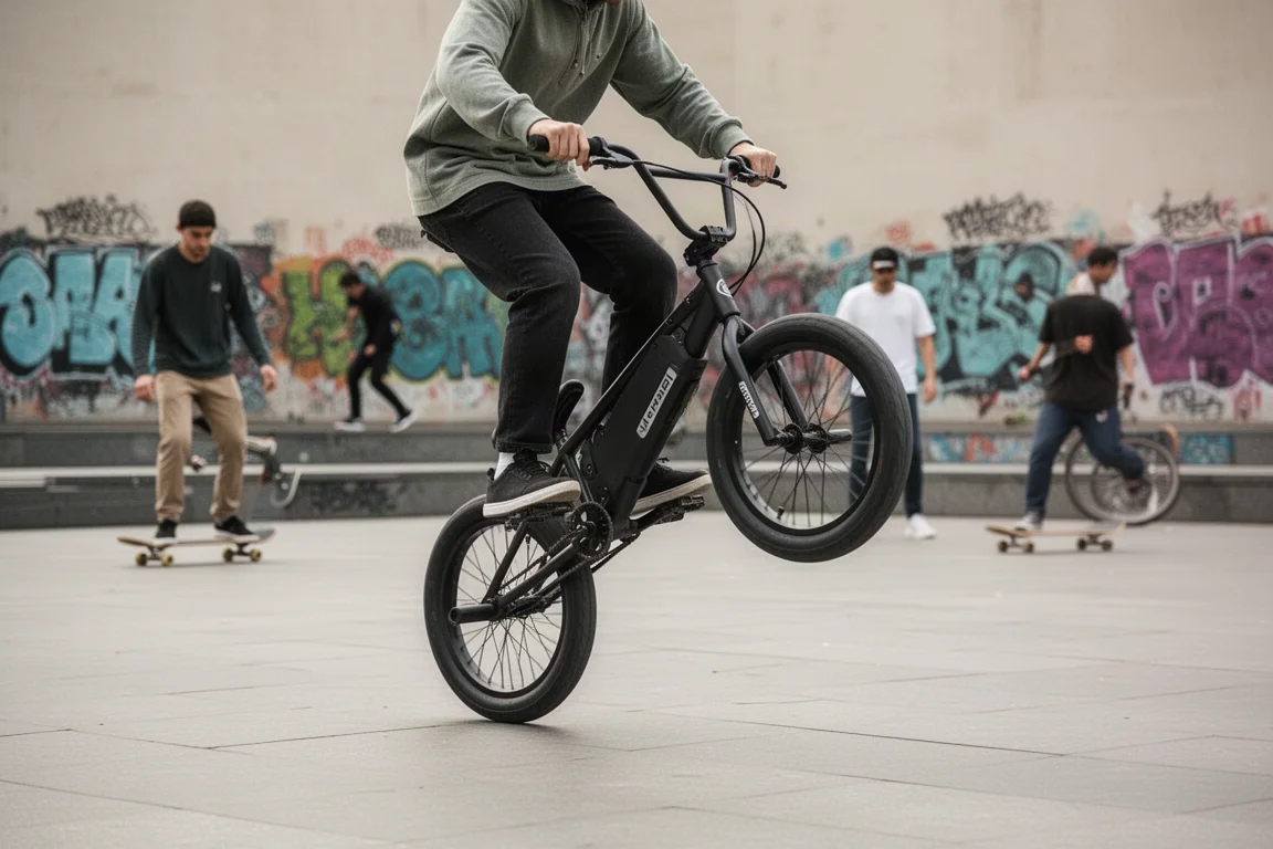 Rider on a BMX-inspired electric bike doing a wheelie in an urban park