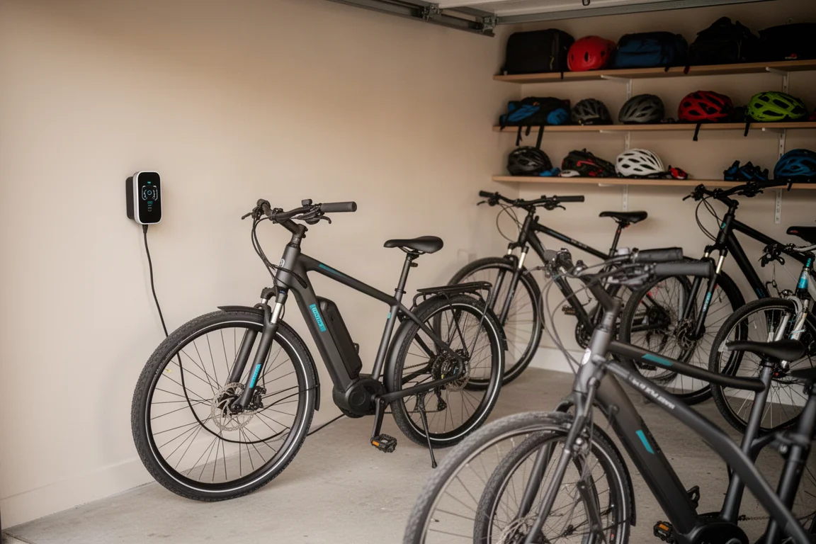 Electric bike charging in a modern garage with other bikes