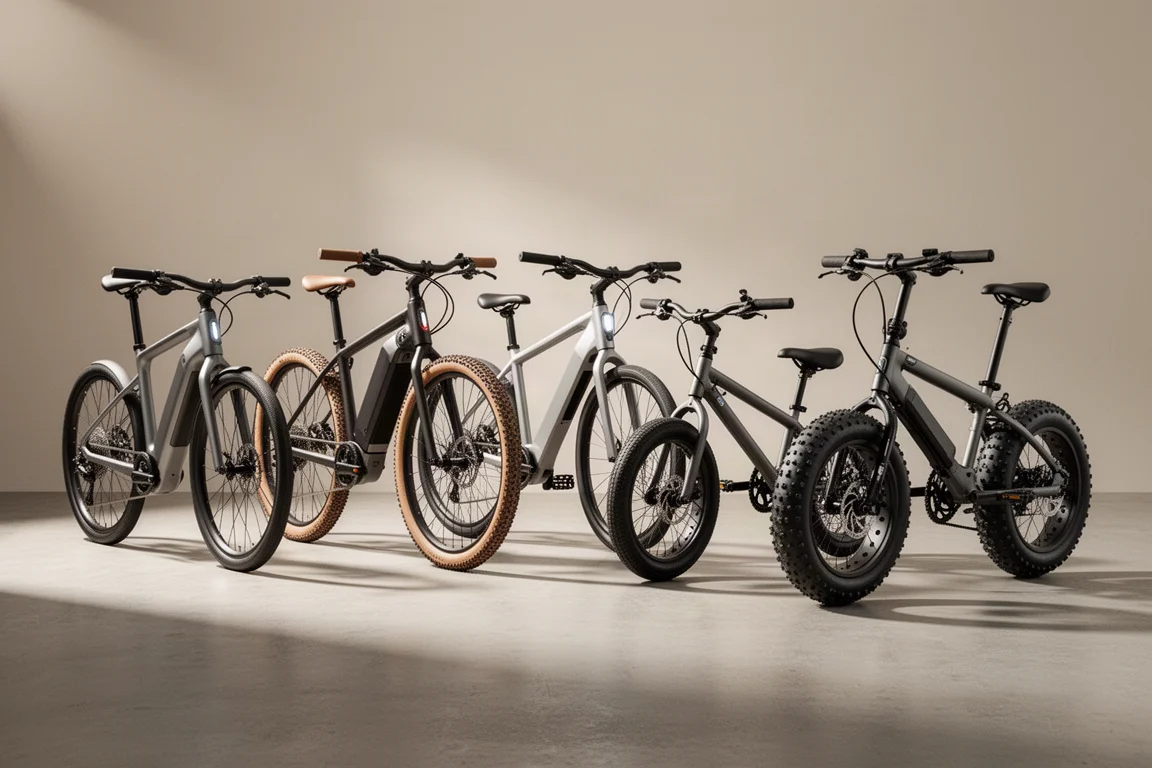 Vijf verschillende elektrische fietsen op een rij op een betonnen oppervlak