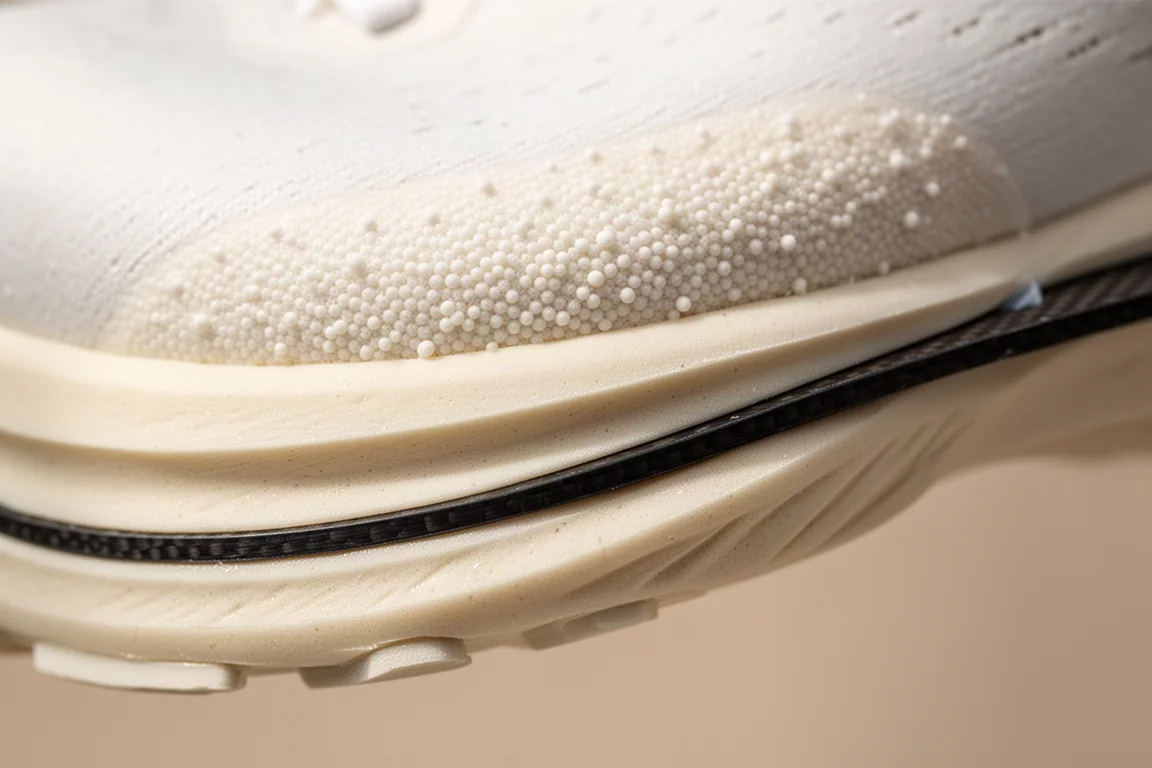Close-up de uma sola com espuma supercrítica exposta e sem camada de borracha
