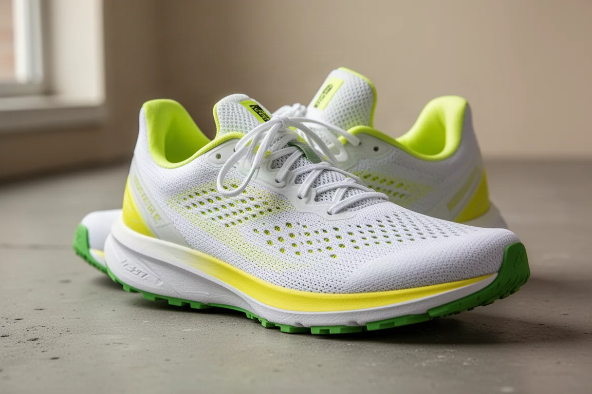 Un corridore allaccia una scarpa da running leggera su un asfalto cittadino nella luce del mattino