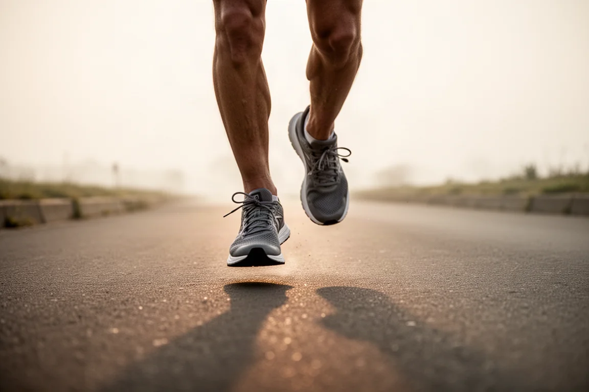 Primo piano dell'intersuola e della suola esterna monoblocco di una scarpa da running sull'asfalto