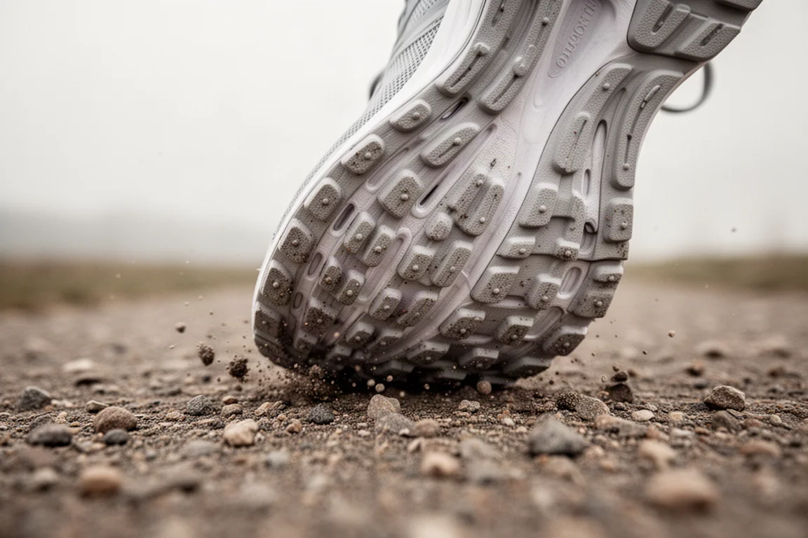Piedi di un corridore a metà falcata su un sentiero asfaltato con cadenza rapida