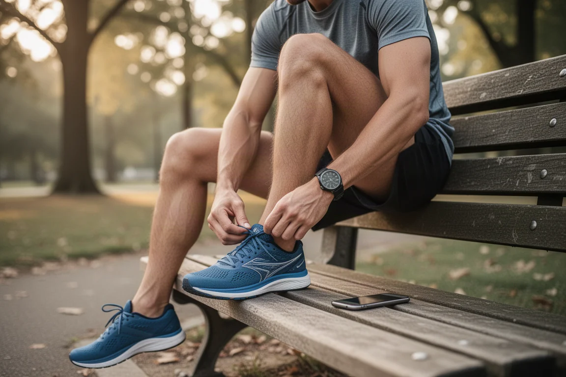 Uno smartphone con un'app di running accanto a una scarpa da running su una panchina di legno