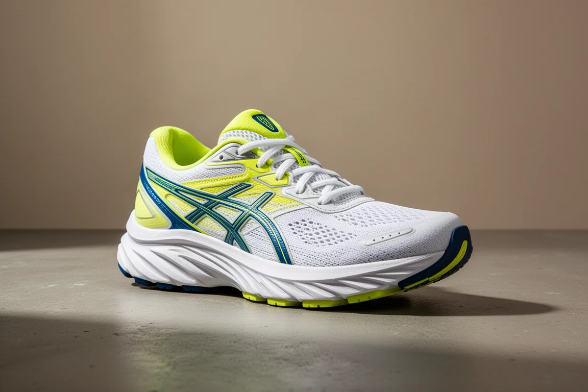 White Under Armour Flow Velocity Wind 2 running shoe with bright yellow accents on concrete