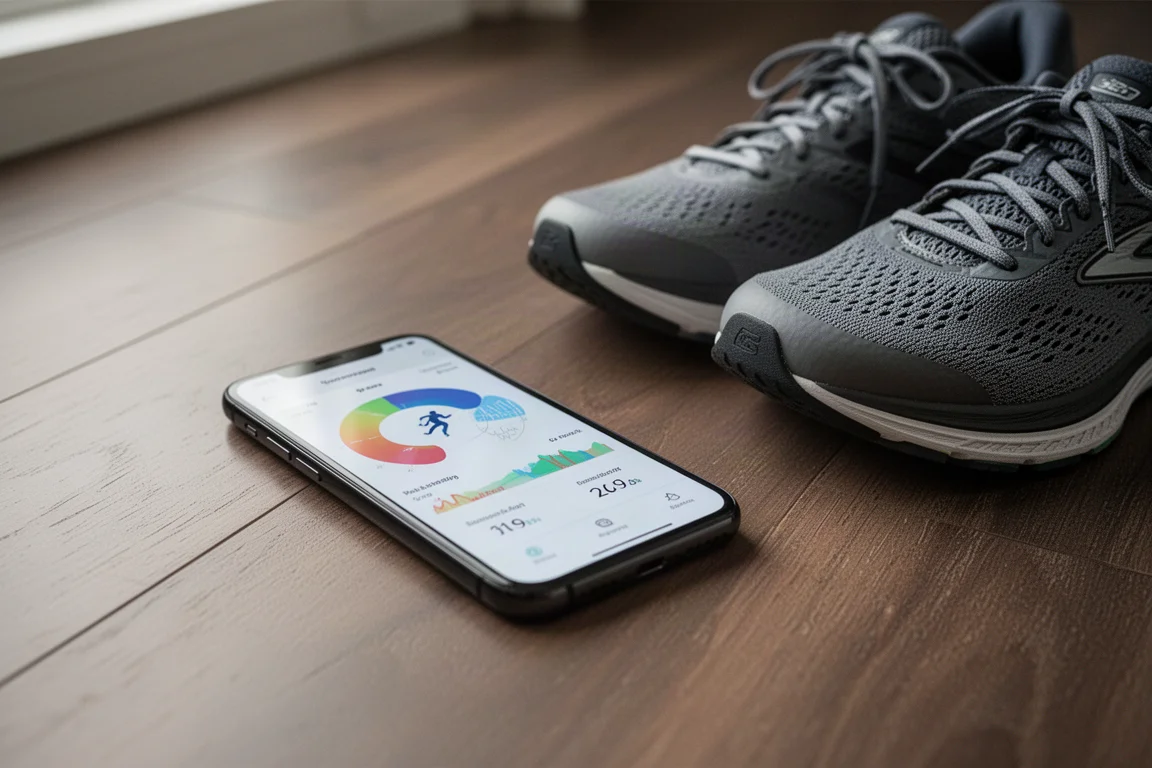 Smartphone com um aplicativo de corrida ao lado de tênis de corrida