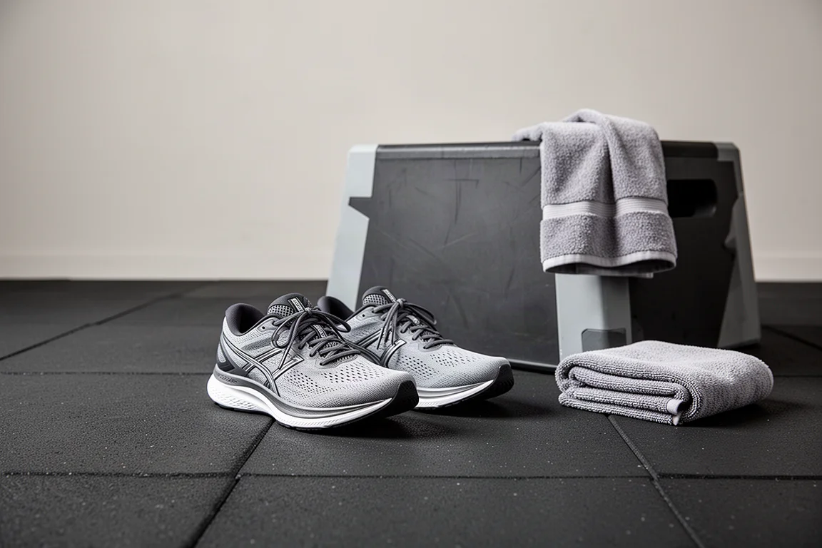 Tênis de corrida e equipamentos de academia no chão de uma sala de treinamento
