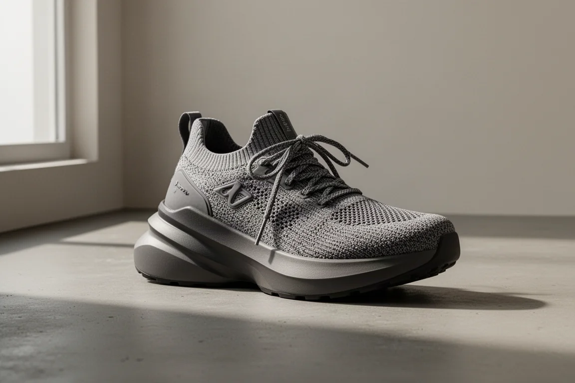 Laufschuh mit maximaler Dämpfung und dicker Zwischensohle auf matter Betonoberfläche