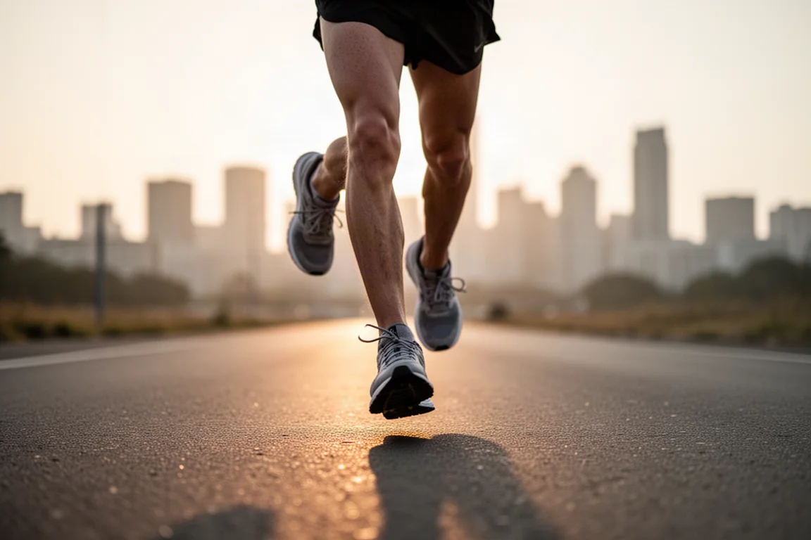 Runner mid-stride on a quiet paved road in soft morning light